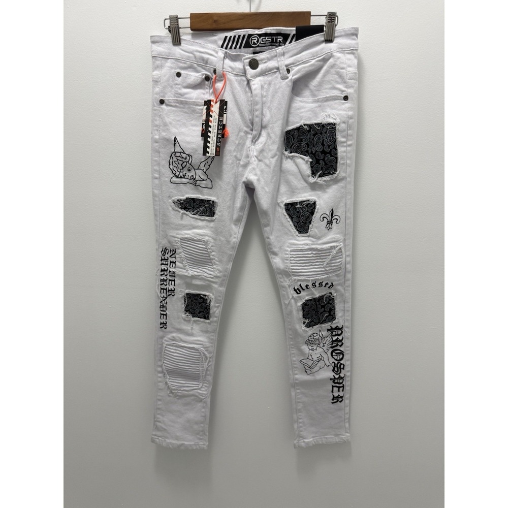 GSTR White Distressed‎ Jeans Slim Fit Size 30 – Graphic Patchwork NWT